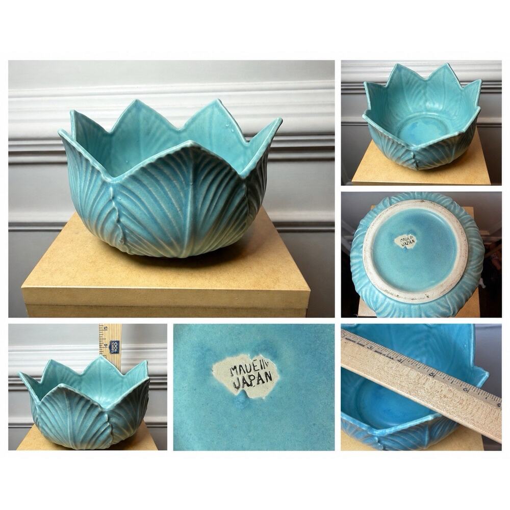Vintage MCM Blue Leaf Lotus Bowl Mauve Japan Ceramic Planter Centerpiece
